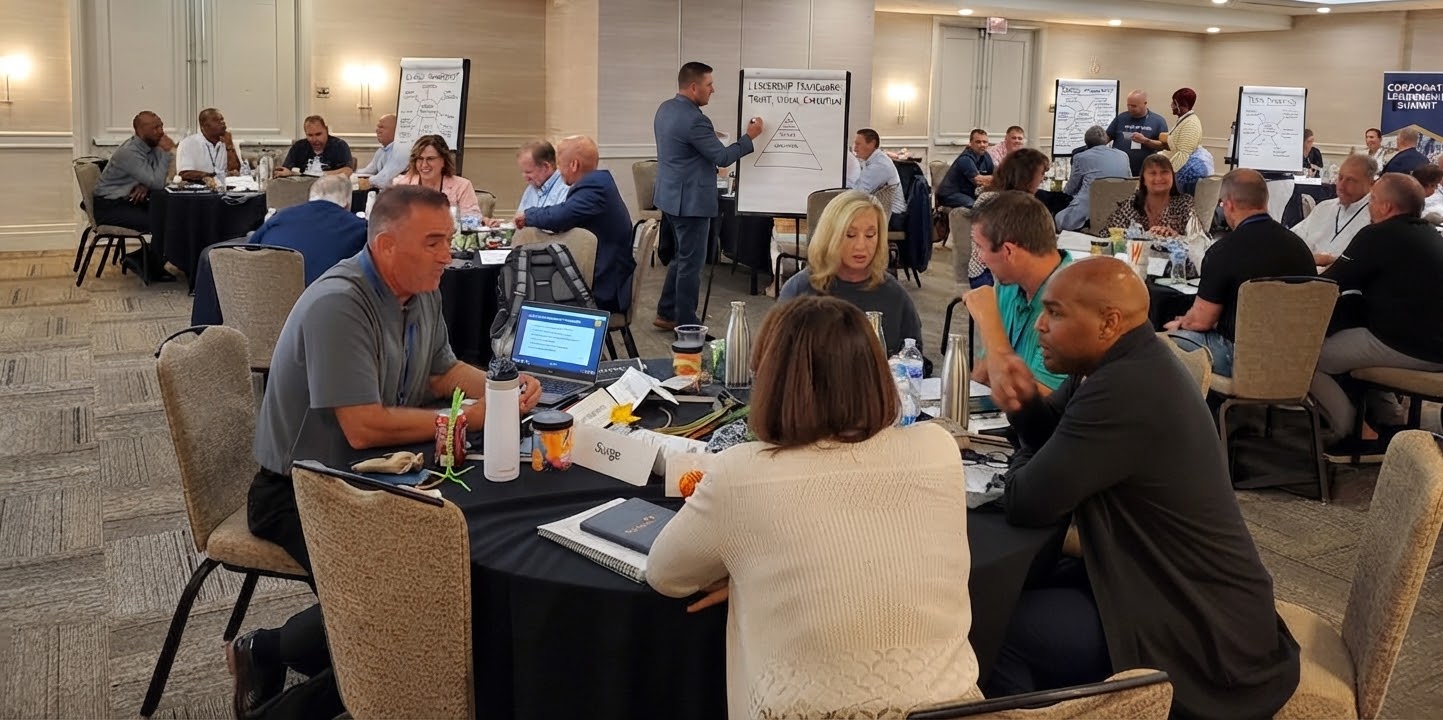 Leadership participants collaborating around tables during a facilitated workshop