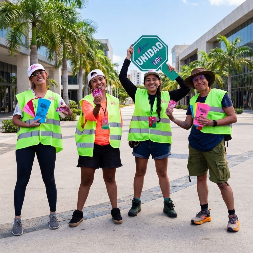 Four community volunteers holding an UNIDAD sign during a partnership project