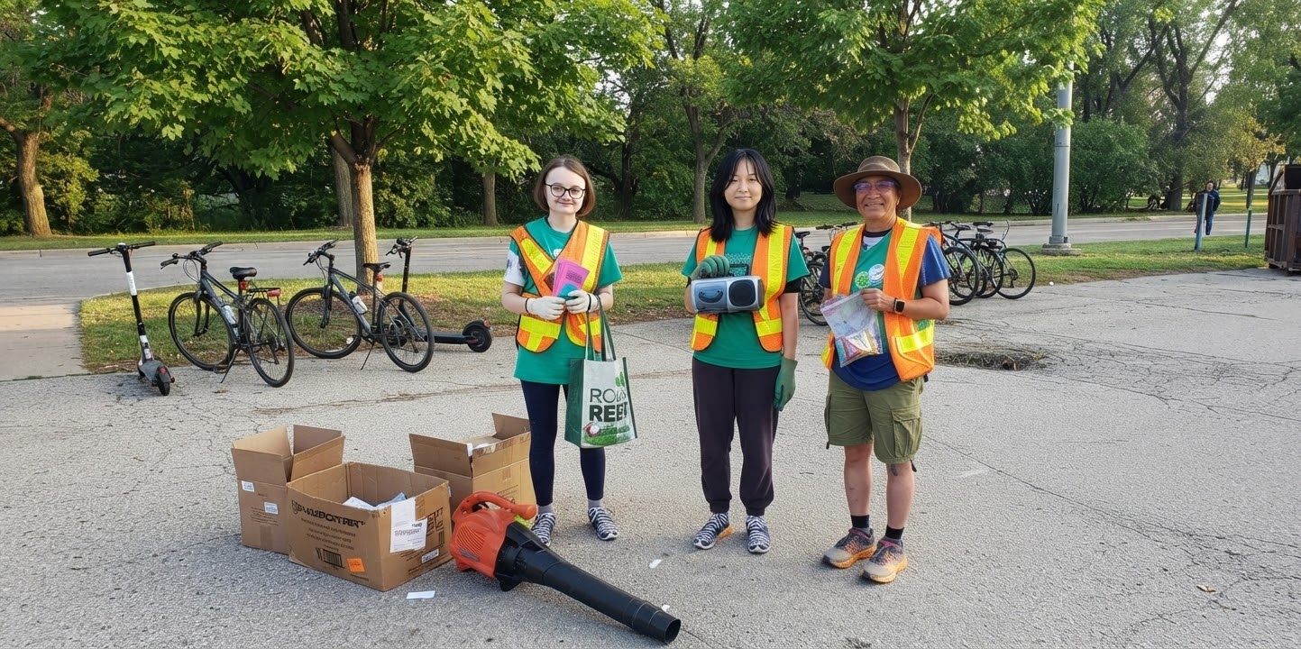 Three community volunteers gathered at an outdoor cleanup project