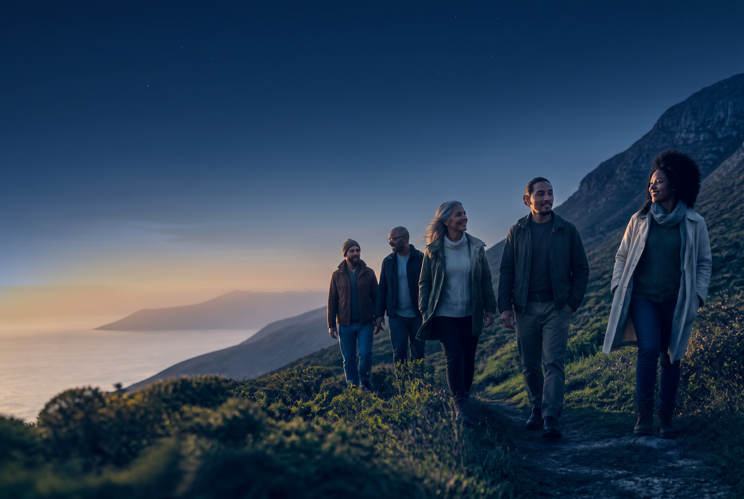 A diverse group of global leaders walking a coastal path at blue hour
